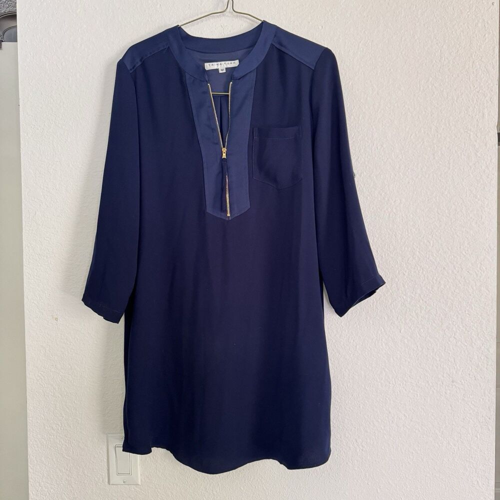 Trina Turk Kaiko Navy Blue Zip Tunic Shirt Dress Womens Size M Roll Tab Coastal - Picture 13 of 14